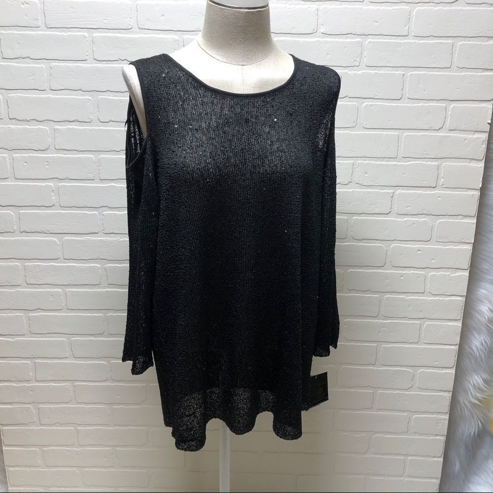 NWT Alfani Black Sparkle Cold Shoulder Long Sleeve Top